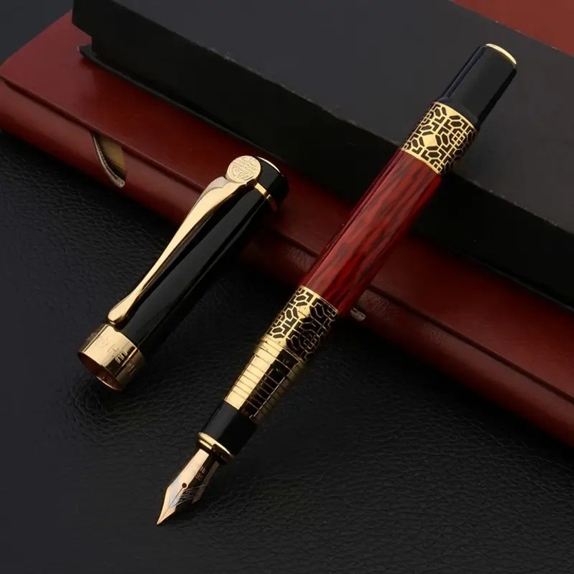 Krink ® F2039 Luxury Maroon Finish Fountain Pen with Gold Geometric Accents–Executive Fountain Pen