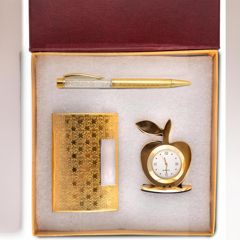 Celebr8 3 in 1 Corporate Gift Set with Clock, Crystal Pen & Business Card Holder Pen Gift Set(Pack of 3, Ink Color - Golden)