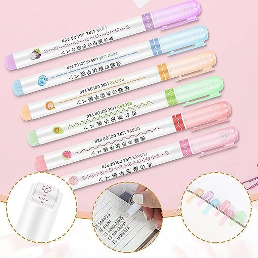 Eclet Designer Highlighter Pens Set – 6 in 1 Drawing Liner Marker with Fineliner Pen(Pack of 6, Ink Color - 6 Different Curve Shapes | Line Marker Colour Pens for Adults & Kids)