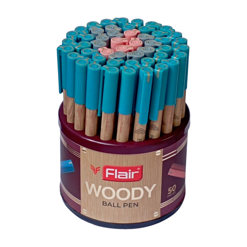 FLAIR Woody 0.7 mm Stand | Attractive Woody Design | Smooth Ink Flow System Ball Pen(Pack of 50, Ink Color - Blue, Black, Red)