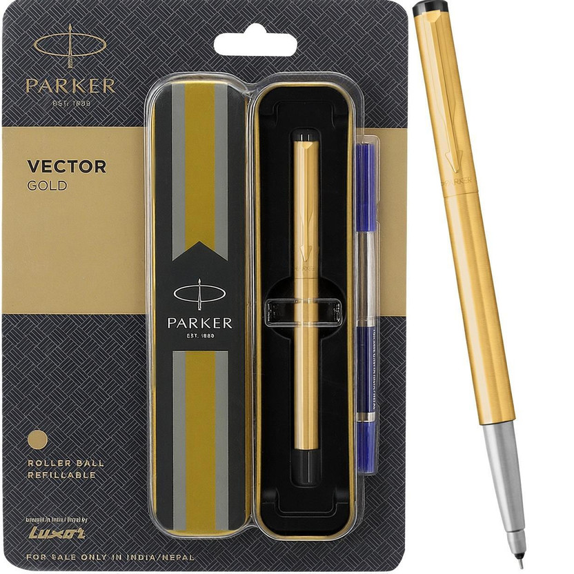 PARKER Vector Stainless Steel, Gold Trim Roller Ball Pen(Ink Color - Blue)