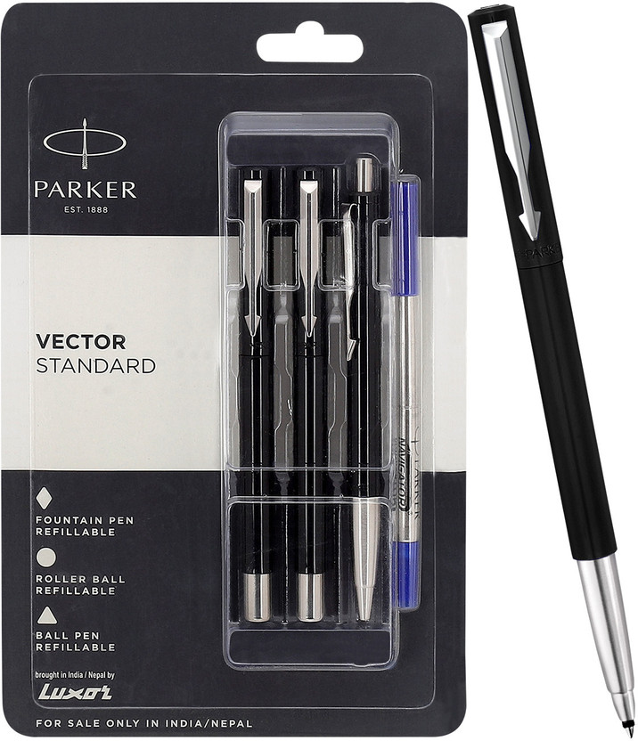 PARKER PARKER Vector Standard Triple Black Body Color (Fountain Pen+Roller Ball Pen+Ball Pen) Pen Gift Set - Flipkart Deal