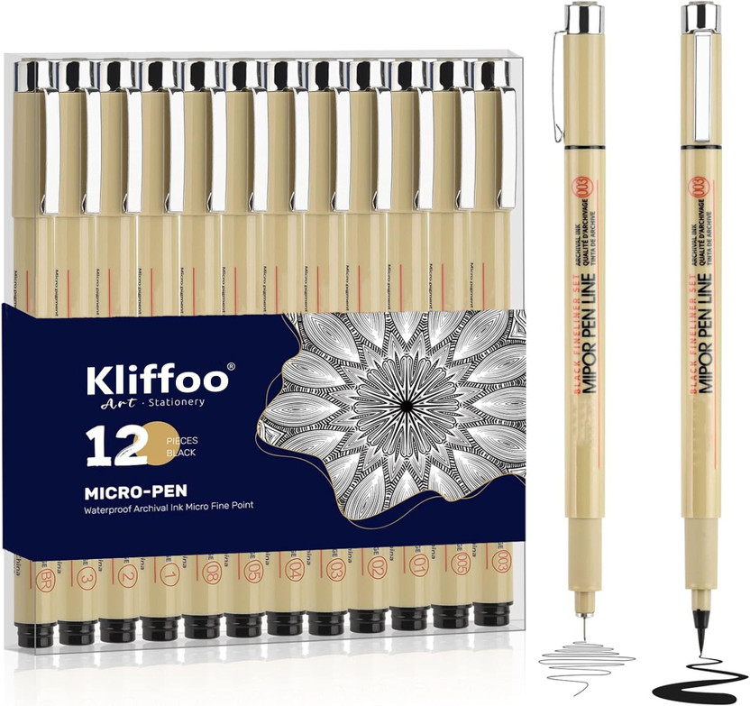 KLIFFOO Pigment Micro Fineliner Drawing Pens for Writing, Artist Tip Size 0.2mm - 3mm Fineliner Pen(Pack of 12, Ink Color - Black)