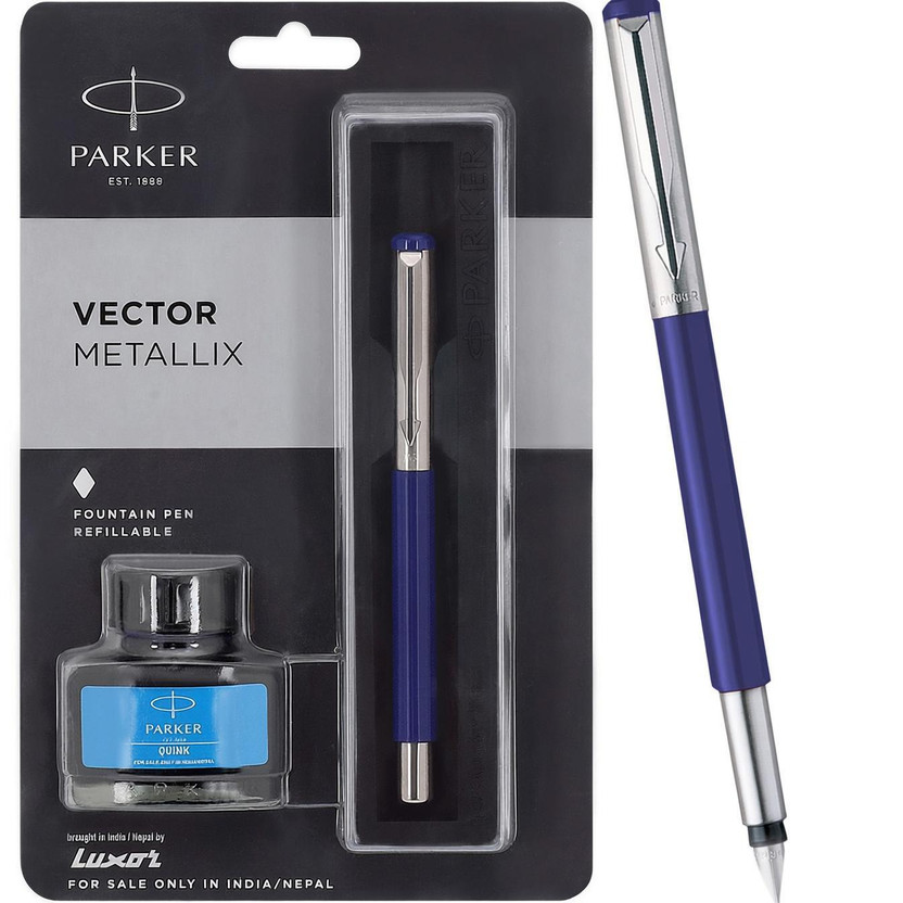 PARKER PARKER Vector Metallix Blue Body Color (Fine Nib )With Quink Ink Bottle Fountain Pen - Flipkart Deal