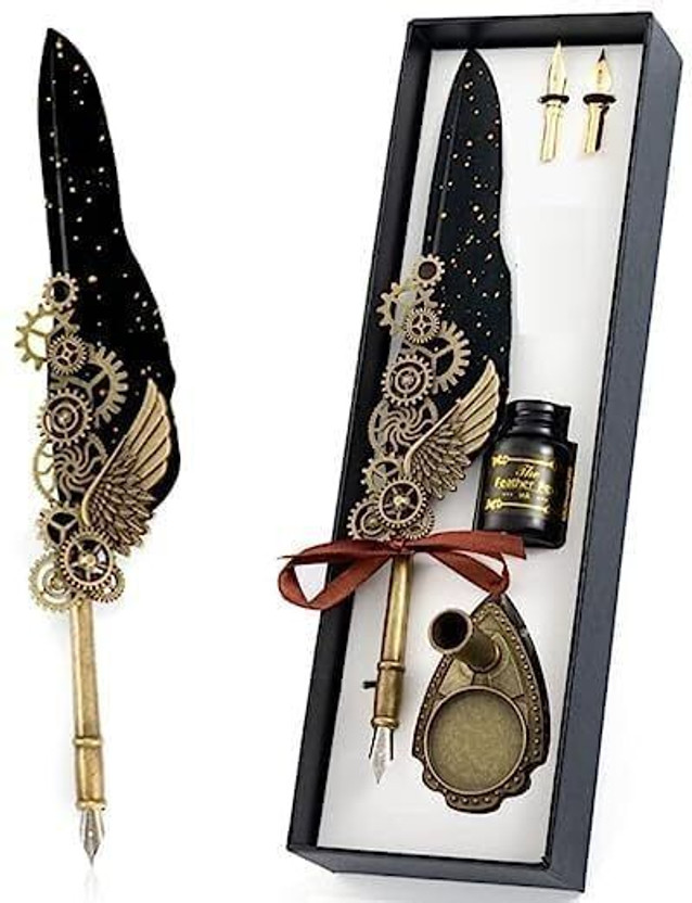 VVGENTERPRISE Feather Pen and Ink Set Luxury Quill Pen Set Vintage Signature Fountain Pen Calligraphy(Ink Color - Black)