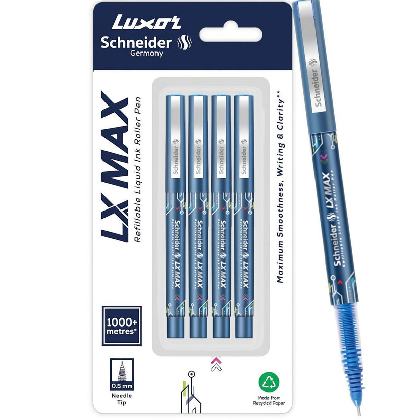 Luxor Schneider LX MAX | Needle Tip | 0.5 mm | 1000+ Meters Writing Length | German Technology Roller Ball Pen(Pack of 4, Ink Color - Blue)