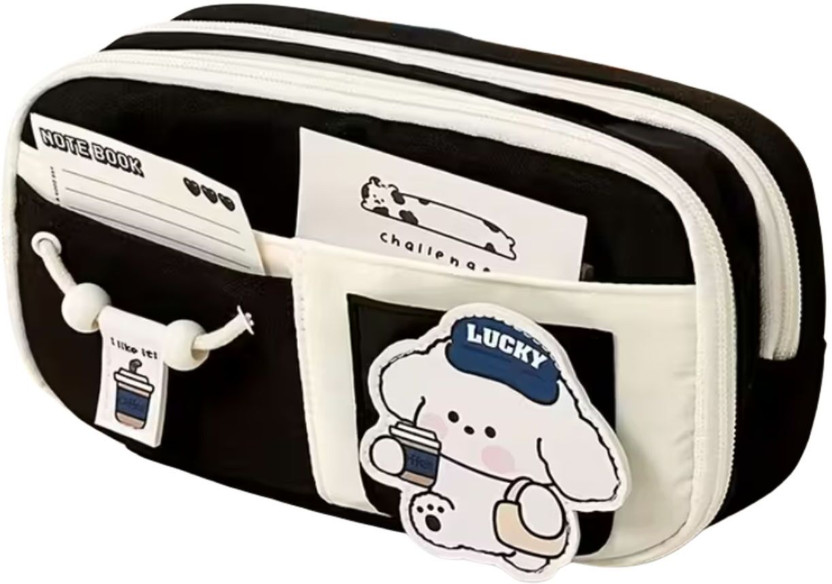 Anystar Large Capacity Pencil Box for Girls & Boys, 3 Compartments Pen & Pencil Pouches Aesthetic Stationery Pencil Pouch for School Kids College Students Gift Art Polyester Pencil Box(Set of 1, Black)