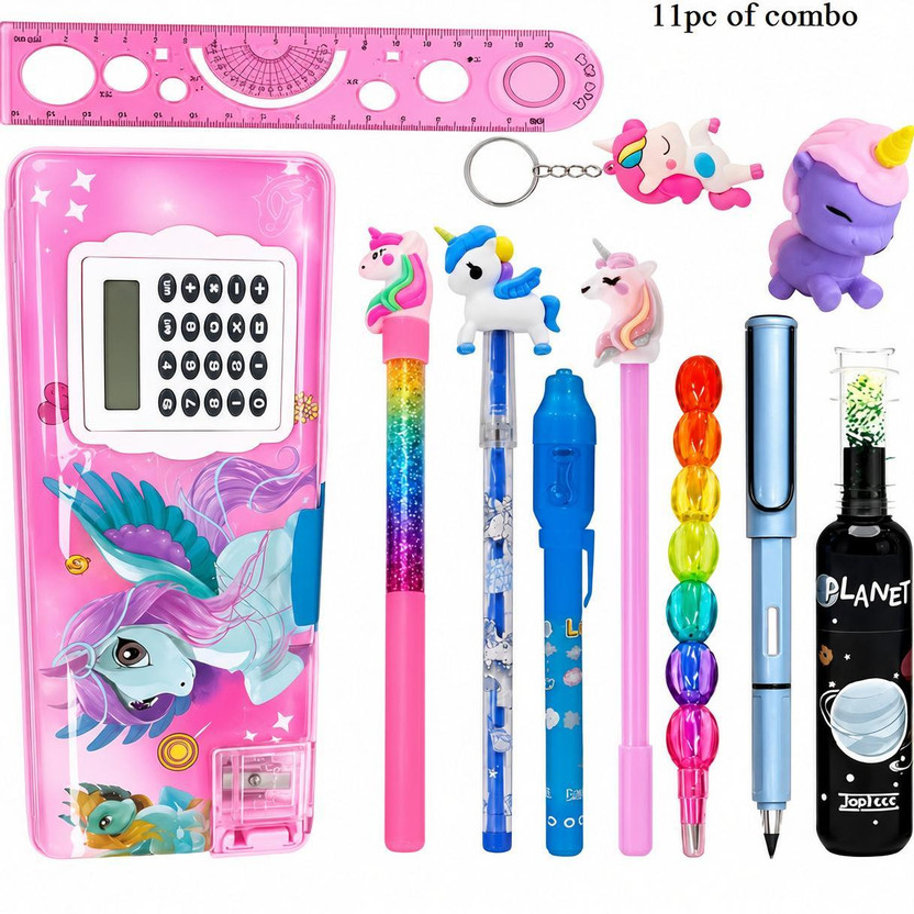 Eclet Unicorn Calculator Pencil Box Combo – 11 Pcs Stationery Set with Unicorn Pencil School Supplies for Kids & Girls Art Polyester Pencil Box(Set of 11, Multicolor)