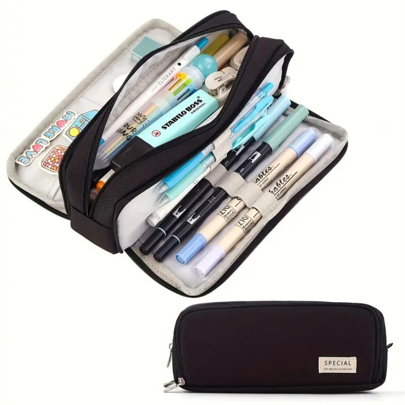 MASHKUR Stationery Large Capacity Pencil Case, Multi-Compartment Organizer Pouch for School, Office Art Supplies, Durable Canvas Stationery Case for Students, MS99.0 Art Polyester Pencil Box(Set of 1, Black)