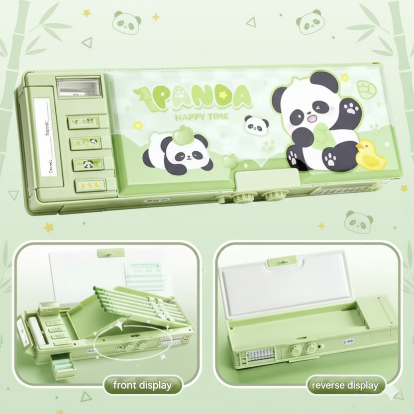 MASHKUR Stationery Presents Fancy & Attractive Compass Box For Kids & Students To Store Their Stationery, 2-Side Password Lid Lock, Shine Panda Theme, MS15 Art Plastic Pencil Box(Set of 1, Green)