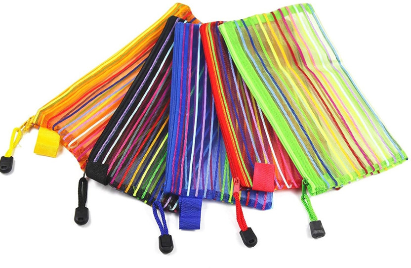 ShubhKraft Semi Transparent Pouch - Heavy-Duty Plastic Reinforced With Threads - Mesh Bag With Zipper Best For Organize Supplies Semi transparent multicolor Art Plastic Pencil Boxes(Set of 5, Multicolor)
