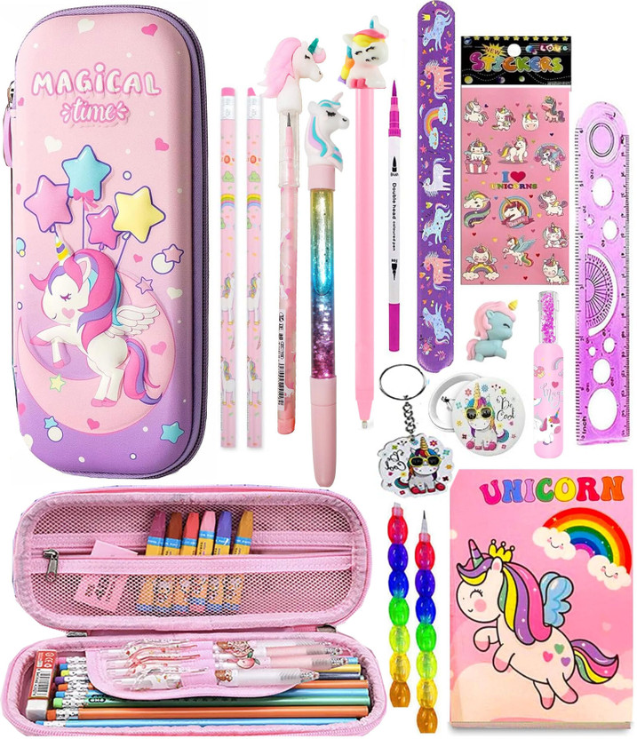 Neel Neel Unicorn Stationery Return Gift Set for Girls 18-PCS Pencil Case Combo with Pen| Pencils|Erasers|Ruler & Notebook Cute School Supplies for Kids Birthday Gift set Art Polyester Pencil Box(Set of 1, Multicolor) - Flipkart Deal