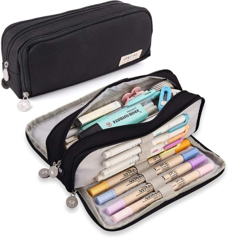 HR INTERNATIONAL Pencil Pouch Canvas Large Pencil Pouch for Girls & Boys, 3 Compartments Pen & Pencil box Art Canvas Pencil Box(Set of 1, Black)