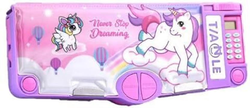 MASHKUR Stationery Presents Fancy & Attractive Compass Box For Kids & Students To Store Their Stationery, Magnetic Lid Lock, Calculator & Calendar, Unicorn Theme, MS08 Art Plastic Pencil Box(Set of 1, Pink, Purple)