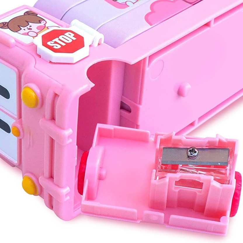 ABlue Clipper Pink Bus Compass 2 Art Metal Pencil Box(Set of 1, Pink)