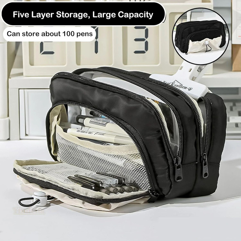 BUYBEAT BUYBEAT Pencil Pouch for Boys and Girls Large Capacity Stationery Organizer with Multiple Compartments Art Canvas Pencil Box(Set of 1, Black) - Flipkart Deal