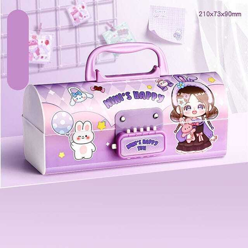 MASHKUR Stationery Presents Fancy & Attractive Compass Box For Kids & Students To Store Stationery, Dual Password Security Lock, Nini Happy Girl Theme, Suitcase Type MS24.0 Art Plastic Pencil Box(Set of 1, Purple)