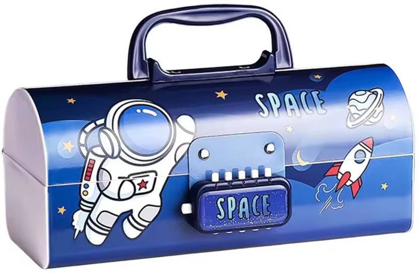 MASHKUR Stationery Presents Fancy & Attractive Compass Box For Kids & Students To Store Stationery, Dual Password Security Lock, Flying Space Man Theme, Suitcase Type MS25.0 Art Plastic Pencil Box(Set of 1, Blue)