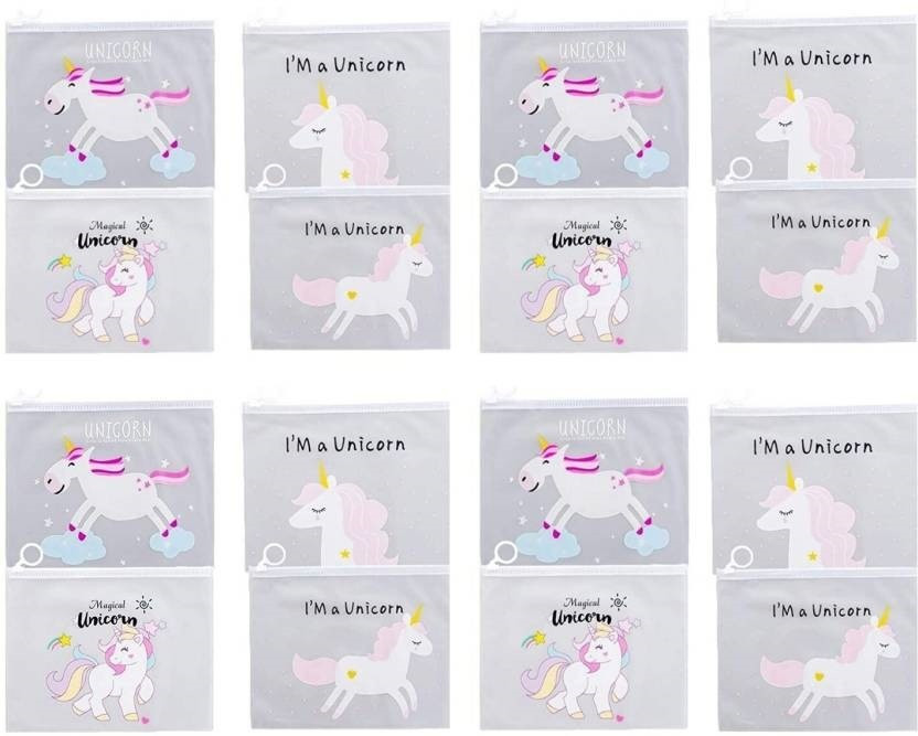 NIVO Transparent Stationary Pouch Unicorn Art Plastic Pencil Boxes(Set of 12, White)