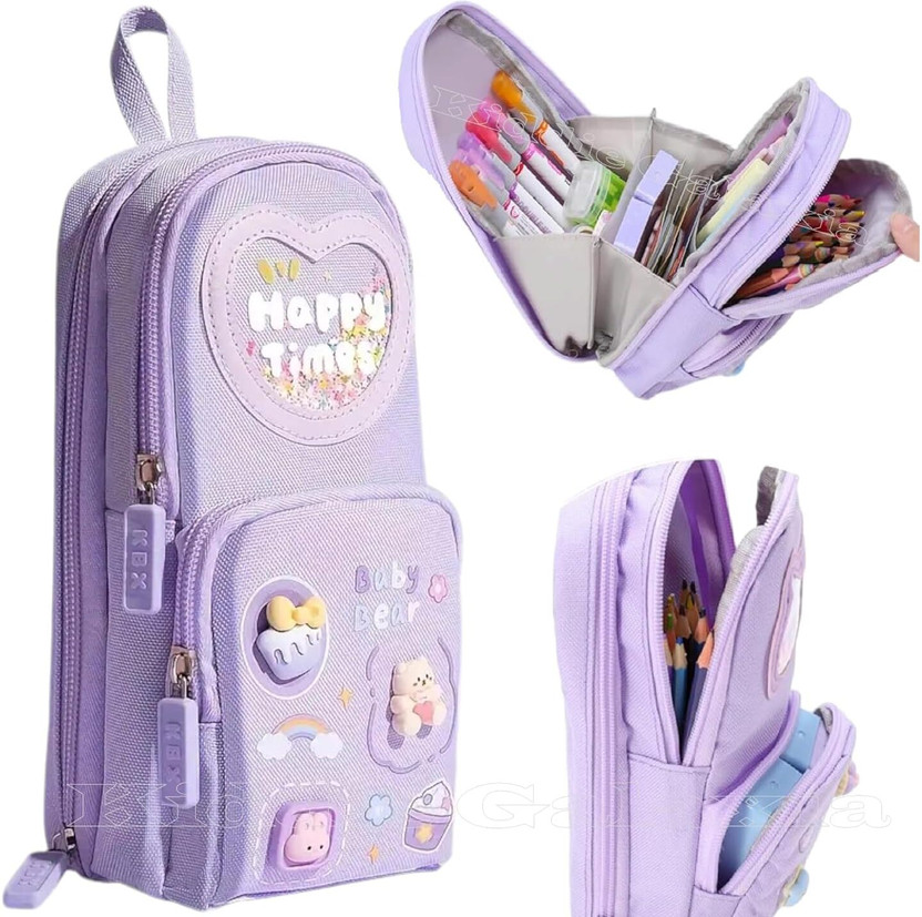 URBANHUDA 3 Layer Soft Pencil Pouch School Stationery Large Capacity Pouch for kids with 3 Compartment Art EVA Pencil Box(Set of 1, Purple)