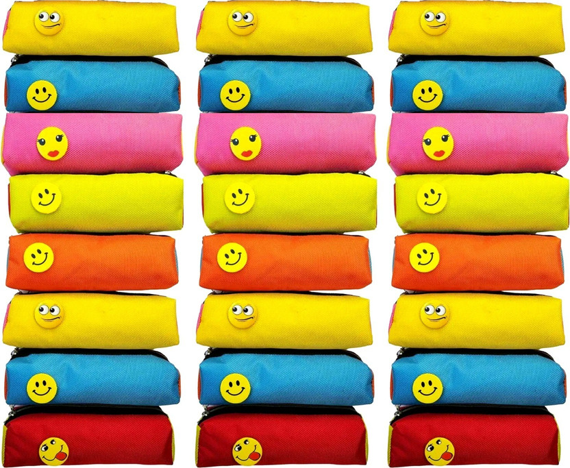 Pvention Smiley Stationery Pouch For Kids Birthday Return Gift Smiley Art Polyester Pencil Boxes(Set of 24, Multicolor)