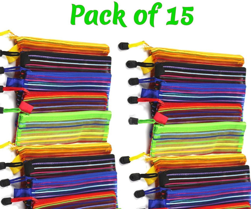ShubhKraft Zippered Pencil Pen Stationary Holder Case Travel Document Holder Bag Cosmetics Pouch Semi transparent multicolor Art Plastic Pencil Boxes(Set of 15, Multicolor)