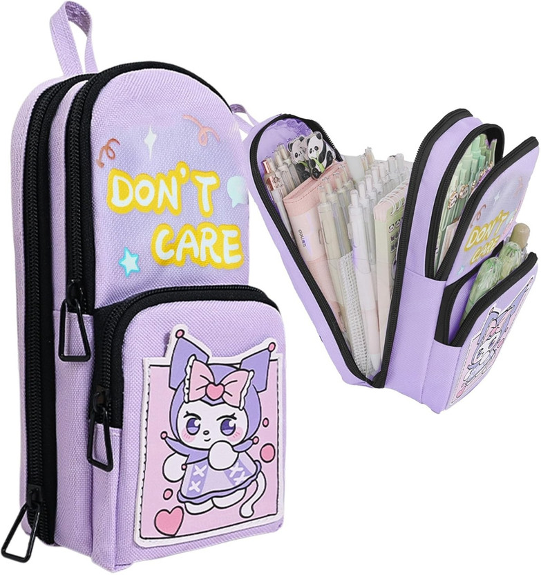 MASHKUR Stationery Kuromi Themed Large Capacity Pencil Case for Kids, 6-Layer 11-Compartment Stationery Organizer with Zipper, Cute Backpack Style Pencil Pouch, MS53.0 Art Polyester Pencil Box(Set of 1, Purple)