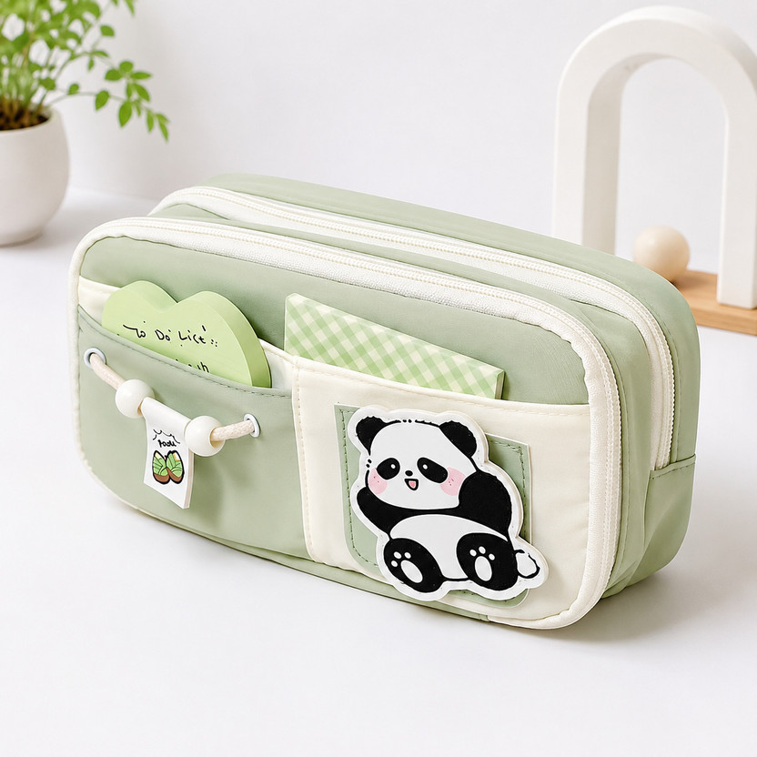 Priyumart Panda Buddy Study Collection Panda Print, Cartoon Design, Cute Patch, Gingham Pocket, Heart Sticky Note Holder Art Polyester Pencil Box(Set of 1, Green)