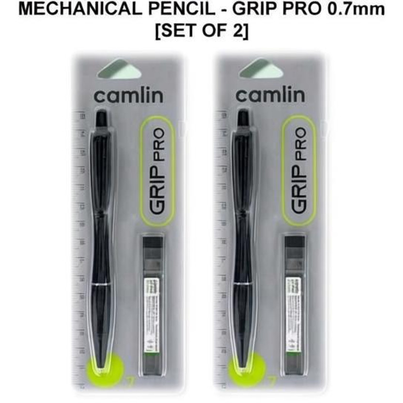 Camlin Grip Pro Mechanical | 0.7 mm | Built in Eraser | Precise & Consistent Line | Pencil(Set of 2, Black)