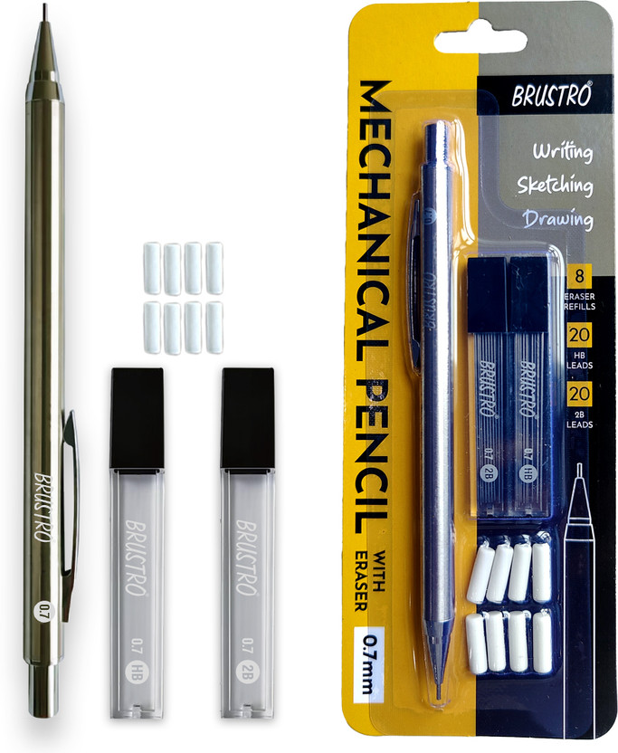 BRuSTRO Mechanical Pencil with Eraser(8 units), 0.7mm,leads HB-20 units,2B-20 units, Pencil(Graphite Pencil)