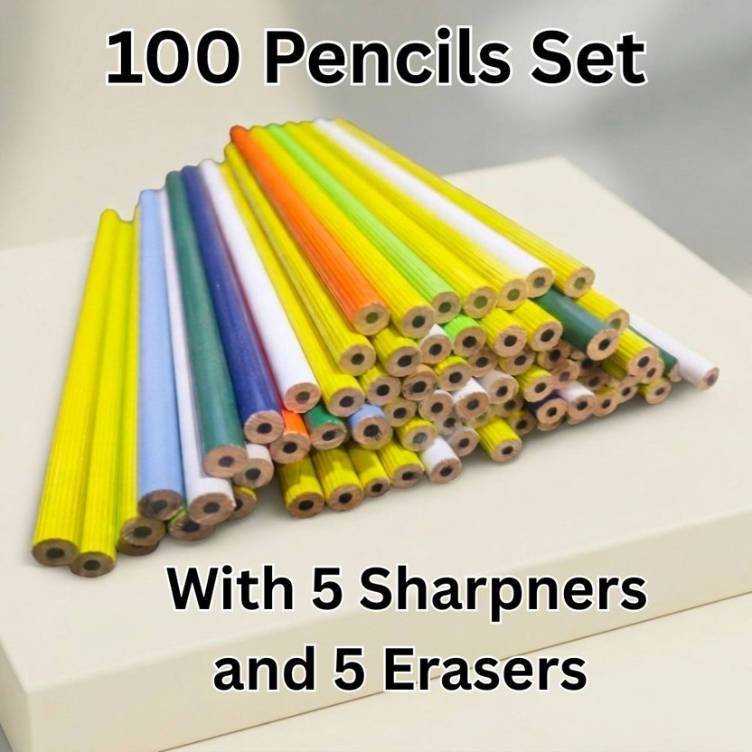 Aakruti Stores 100 PENCIL 5 ERASERS AND SHARPNERS SET FOR KIDS STUDENTS SCHOOL AND COLLEGE Pencil(Set of 100, Multicolor)