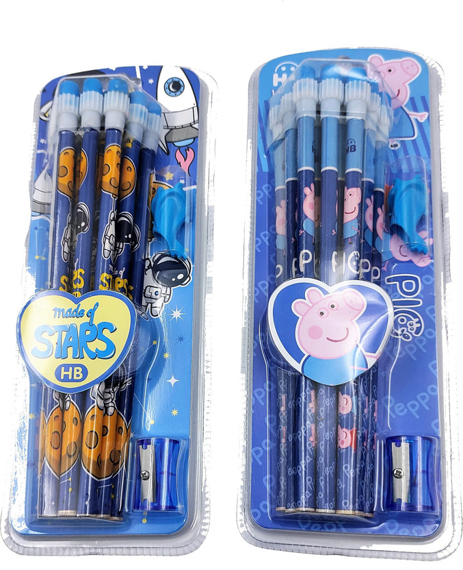 Paper Bear Peppa Pig and Astronaut HB Pencil, Sharpener and Pencil Cap Set Piece of 12 Pencil(Blue)