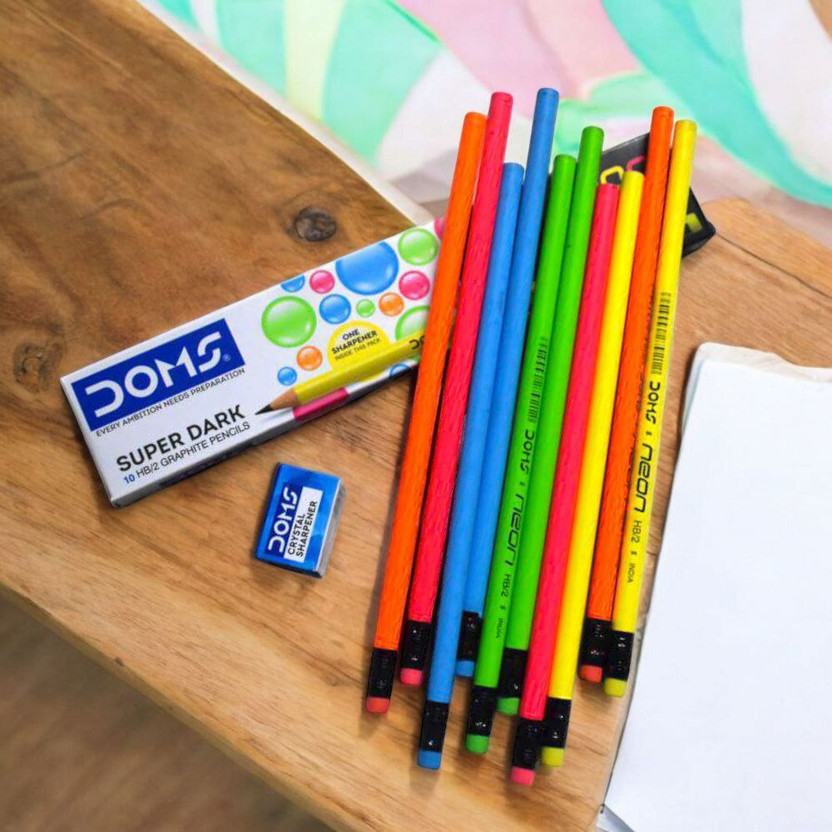 Shama Shama DOMS Neon Super Dark HB Writing Pencil with Eraser Tip Pencil(Set of 5, yellow, red and green) - Flipkart Deal