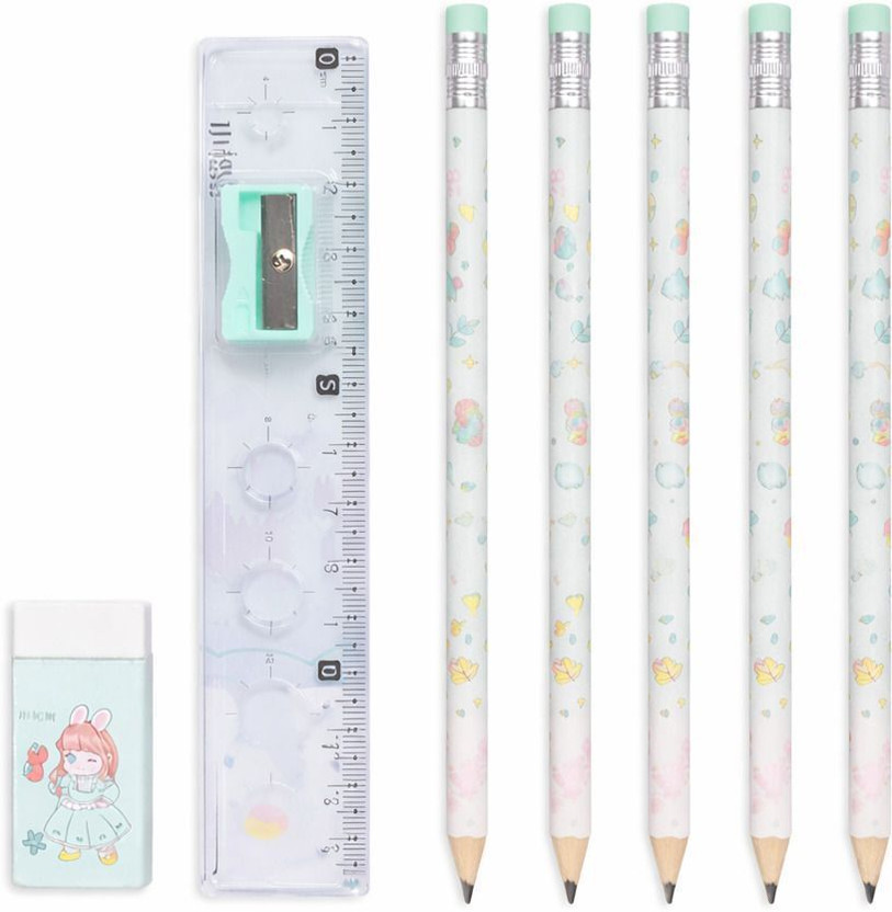 Verathix Cute Pencil Set for Kids – 8 Pcs Kit with 5 Pencils, Ruler, Sharpener & Eraser Pencil(Blue)