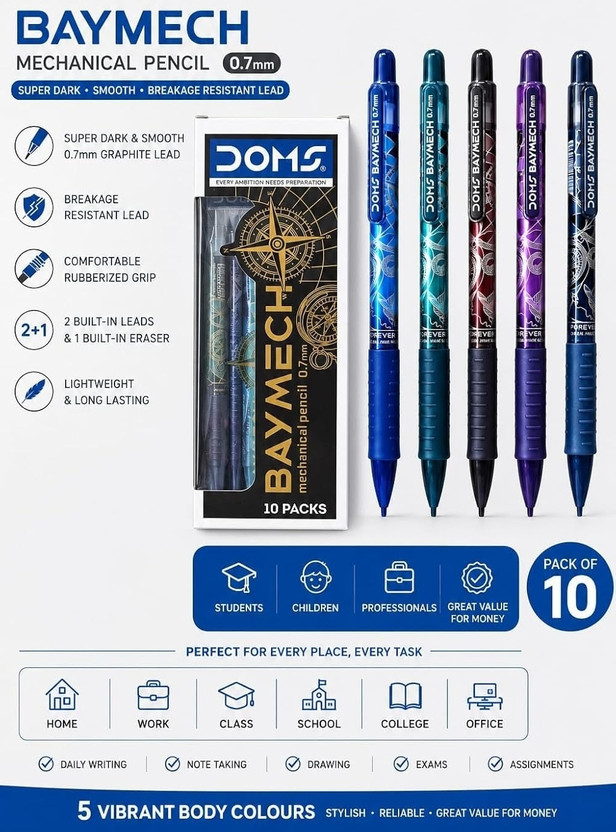 DOMS DOMS BAYMECH 0.7mm Mechanical Pencil- Pack of 10 Pencil(Set of 10, Multicolor) - Flipkart Deal