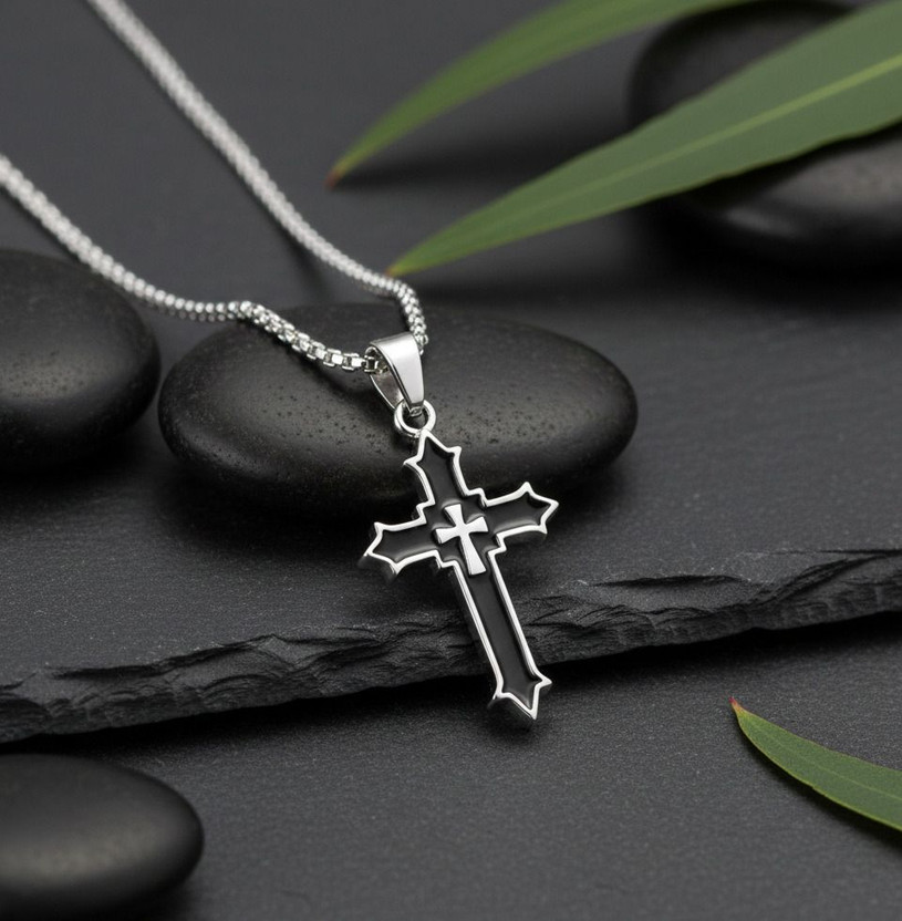 Maaword Men’s Black Cross Pendant Necklace Christian Cross Chain for Men & Boys Sterling Silver Alloy Locket Set