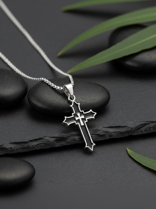 P. R. PRINTS Men’s Black Cross Pendant Necklace Christian Cross Chain for Men & Boys Sterling Silver Alloy Locket Set