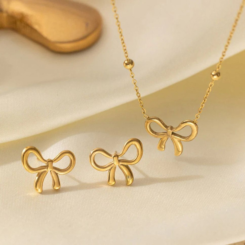 alinora jewels Anti Tarnish Gold Plated Korean Bow Pendant Necklace & Earrings Set Gold-plated Stainless Steel Pendant Set