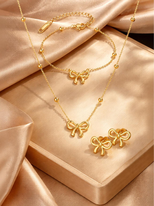 alinora alinora jewels Golden Plated Anti Tarnish Bow Charm 3PC Set Gold-plated Stainless Steel Pendant Set - Flipkart Deal