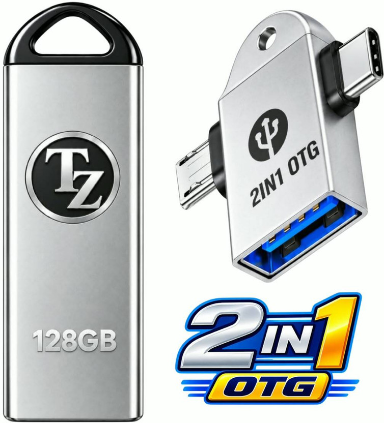 T ZED 128GB Pendrive Micro otg c type otg A1+ 128 GB OTG Drive Compatible with Audio Player, Desktop Computer, Gaming Console, Laptop, Mobile, Netbook, Tablet, Television USB 2.0 Metal Case(Silver, Mobile Pendrive)