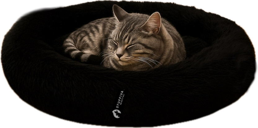 STUFFVA PBOVBLACKS S Pet Bed(Oval Shape Faux Fur Pet Bed For Puppy, Cat, Rabbit etc. Soft, Cozy And Washable)