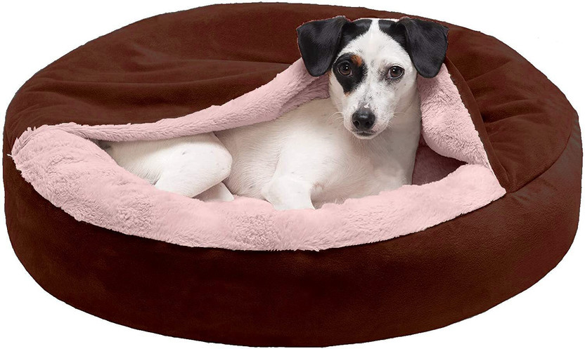 Petslover Round Hooded Fabric Dog Bed with Attached Blanket Hooded Donut Bed L Pet Bed(Pink)