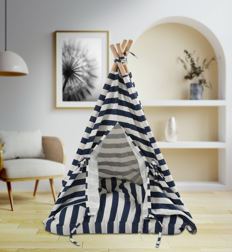 AAURAS Tepee Blue & Natural Pet Bed, Dog Bed, Cat Bed, Mini Pet House L Pet Bed(White & Navy Blue)