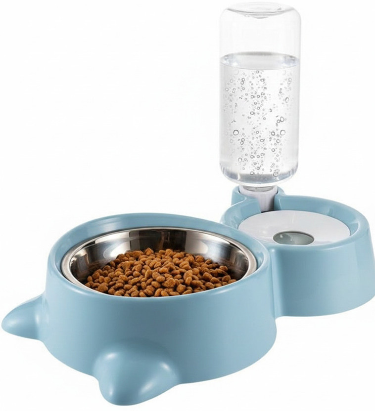 Maharaj Mall 2 in 1 Pet Feeder Stainless Steel Bowl with Automatic Water Dispenser, Anti-Slip Plastic Pet Bowl & Bottle(500 ml Grey)