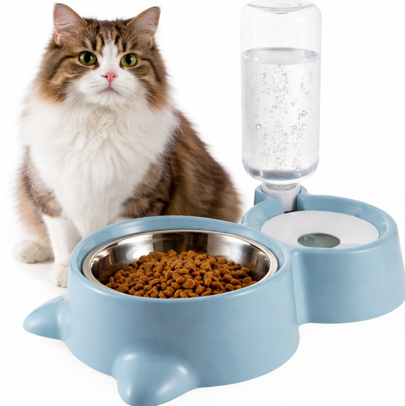Conziv Double Bowl Dog Cat Feeder with Automatic Water Bottle & Stainless Steel Bowl Plastic Pet Bowl & Bottle(500 ml Blue)