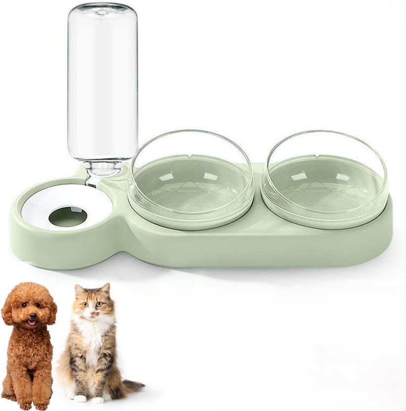 SAMVAT 3 in 1 Automatic Pet Feeder 15°Tilt and 360° Rotatable Double Food Bowl Plastic Pet Bowl & Bottle(1 ml Green)