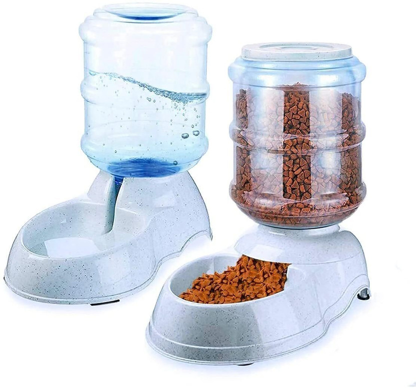 Wishbone Automatic Dog Feeders Set with Water Dispenser Plastic Cat Food Feeder Plastic Pet Bowl & Bottle(3.5 ml White)
