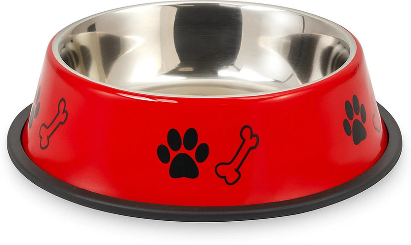 FOURESTA Dog Bowl 700 ml Round with Paw Bone Printed Food Water Feeding Bowl for Dogs Round Stainless Steel Pet Bowl(710 ml Red)