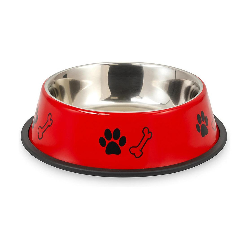 FOURESTA Dog Bowl 700 ml Round with Paw Bone Printed Food Water Feeding Bowl for Dogs Round Stainless Steel Pet Bowl(710 ml Red)