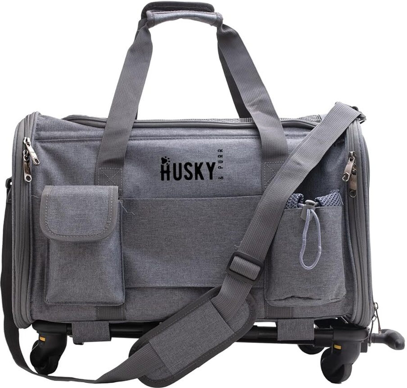 Husky & Purr Pet Carrier Bag Trolley | Expandable Soft-Sided Pet Travel Bag for Dog and Cat Grey Airline Pet Carrier(Suitable For Cat, Dog)